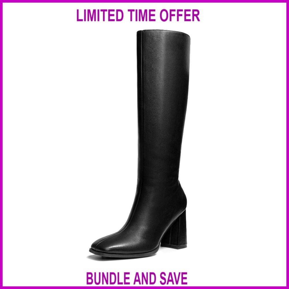 Knee High Boots Square Toe Chunky Heel Side Zipper Faux Leather
